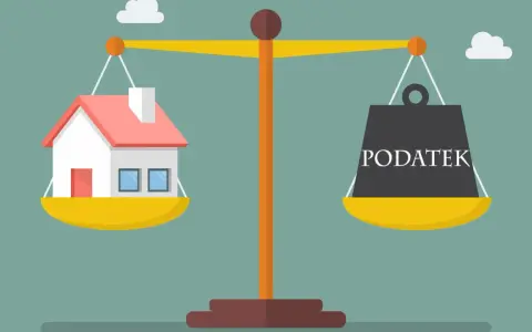 Waga pokazuje dom po jednej stronie i ciężar z napisem "PODATEK" po drugiej. Symbolizuje to podatek od sprzedaży nieruchomości.