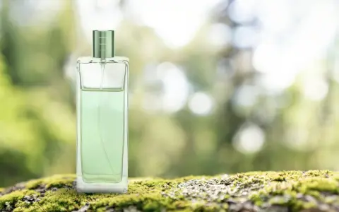 Elegancki perfum zielona herbata w szklanej butelce, stojący na mchu.