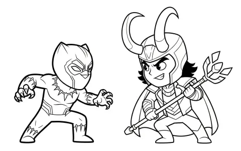 Czarno-biała avengers kolorowanka z Czarną Panterą i Lokim w stylu chibi. Gotowi do walki!