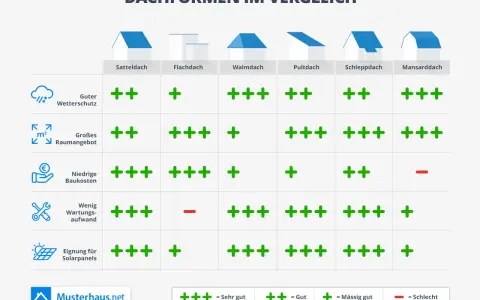 Vergleich von Dachformen: Satteldach, Walmdach und Pultdach mit Bewertungen für Wetterschutz, Raumangebot, Baukosten, Wartungsaufwand und Solarpanel-Eignung. Der Dachstuhl Aufbau wird hier verglichen.