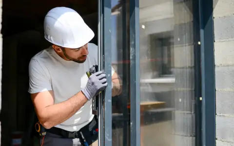 Pracownik w kasku i rękawicach montuje okna aluminiowe, precyzyjnie dopasowując elementy.