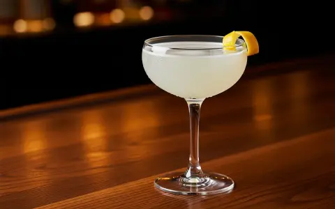 En elegant drink, en "white lady", står på en träbar. Den är garnerad med en citronskal.