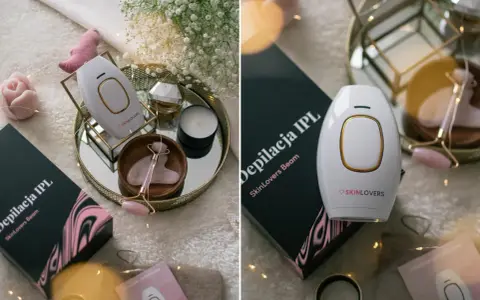 Biały depilator IPL SkinLovers, różowy masażer do twarzy i świeca tworzą luksusowy zestaw. Opinie o skino depilator są pozytywne.
