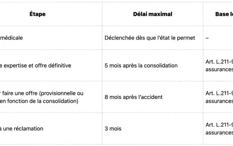 Tableau détaillant le délai indemnisation après expertise médicale, les délais pour une offre et la réponse à une réclamation, avec leurs bases légales.
