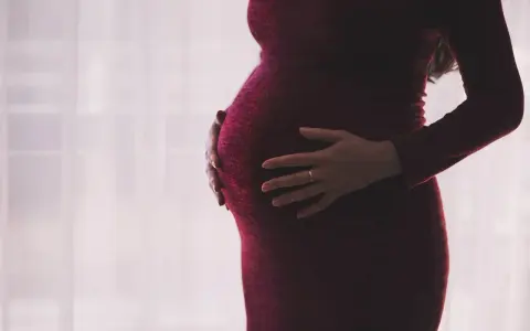 Kobieta w ciąży, z dłońmi na brzuchu, w ciemnoczerwonej sukience. Myśli o zasiłku macierzyńskim po ustaniu zatrudnienia.