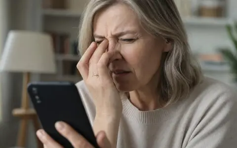 Donna anziana con disturbi visivi, forse cerchi luminosi, si tocca gli occhi mentre guarda uno smartphone.