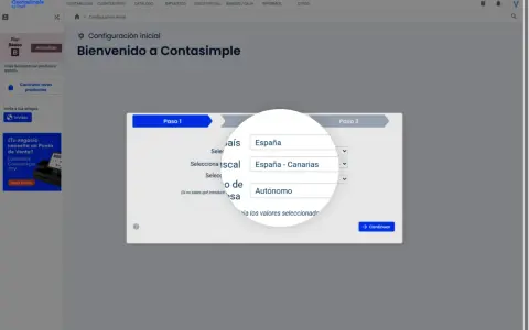 Configuración de Contasimple: se selecciona "España - Canarias" como país, indicando la aplicación del IVA Canarias.
