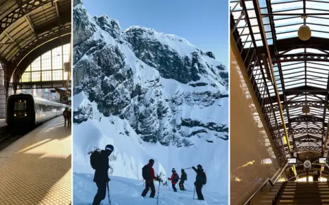 Tågstation, snöklädda berg och en trappa under ett glastak. En resa som visar hur fungerar interrail – från stad till vildmark.
