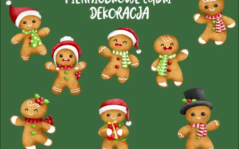Urocze pierniczki do druku w świątecznych strojach: w czapkach Mikołaja, z szalikami i prezentami.