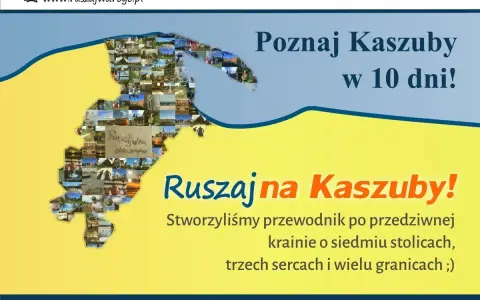Mapa Kaszub złożona z małych zdjęć atrakcji, z napisem "Ruszaj na Kaszuby!".