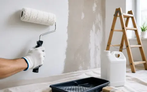 Mano guantata stuccare una parete prima di pitturare con rullo. Attrezzi da lavoro e scala sullo sfondo.