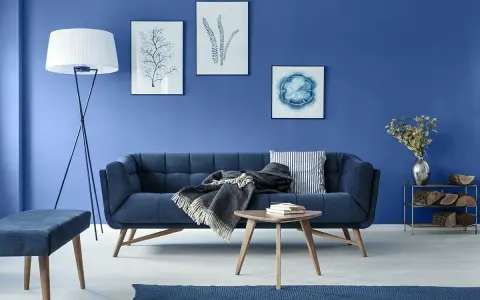 Sofa i ściany w odcieniach koloru niebieskiego. Na ścianie obrazy z motywami morskimi.