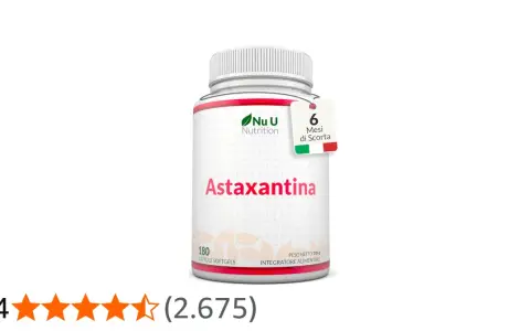 Flacone di Astaxantina Nu U Nutrition, 180 capsule. Informazioni su possibili astaxantina controindicazioni.