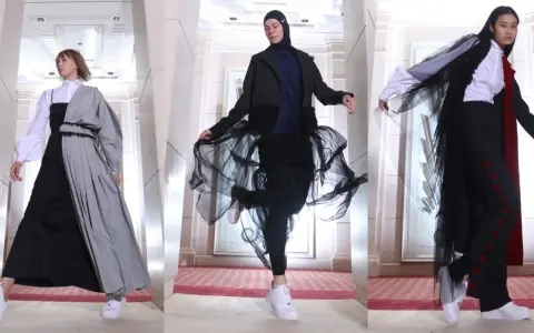 Three Saudi Arabian models showcase avant-garde fashion with flowing fabrics and bold silhouettes.