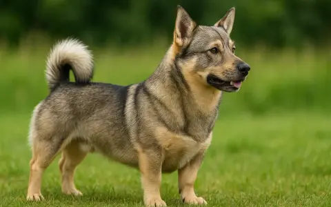 Un spitz des Wisigoths, au pelage gris et fauve, se tient fièrement sur l'herbe verte, la queue enroulée.