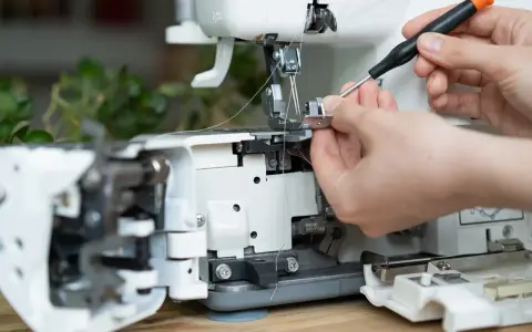 Dłonie regulują maszynę do szycia, używając śrubokręta. Widać fragmenty mechanizmu i nitki, a także pasek napędowy.