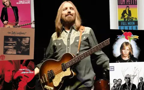 Tom Petty mit Bass, umgeben von Albumcovern wie "Full Moon Fever" und "Wildflowers". Ein Blick auf die Musikikone.