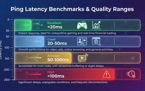Diagramm zeigt Ping-Latenz-Bereiche: exzellent (<20ms) für Gaming, gut (20-50ms) für Videoanrufe, durchschnittlich (50-100ms) und hoch (>100ms) mit schlechter WLAN-Latenz.