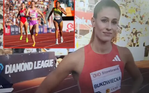 Biegaczki na bieżni, w tle logo Diamond League. Bukowiecka gotowa do startu.