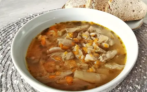 Pyszny przepis na flaczki z boczniaków na rosole. Aromatyczna zupa z grzybów i warzyw, podana z chlebem.