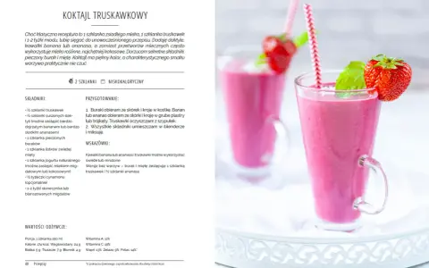Różowy koktajl z owocami, udekorowany truskawką i miętą, w szklance z rurką.
