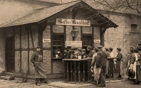 Arbeiter Schlange vor einem Kaffeehaus, ein Zeugnis der sozialen Frage der Industrialisierung. Männer und Frauen getrennt, um Kaffee zu kaufen.