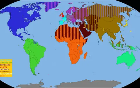 Mapa świata z zaznaczonymi regionami szkół w Harrym Potterze: Ilvermorny w Ameryce Północnej, Hogwarts w Europie, Castelobruxo w Ameryce Południowej.