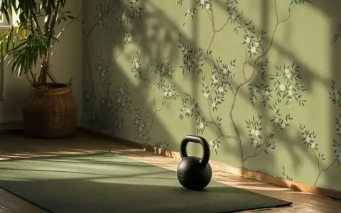 Un espacio de yoga sereno con un papel pintado de ramas floridas y pájaros, reflejando las **últimas tendencias en papel pintado** para un hogar tranquilo.