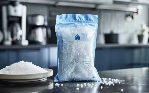 Un sachet de sel pour adoucisseur d'eau, avec une assiette de sel à côté. Idéal pour une consommation maîtrisée.