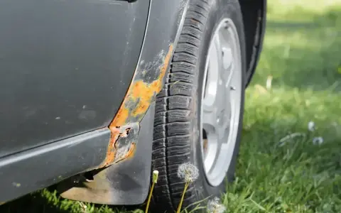 Widoczna rdza na drzwiach samochodu, która postępuje od progu.