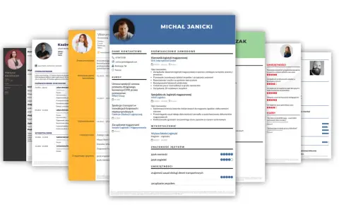 Michał Janicki, kierownik logistyki magazynowej, prezentuje swoje doświadczenie i umiejętności w CV. Szablon CV jest przejrzysty i zawiera kluczowe informacje.