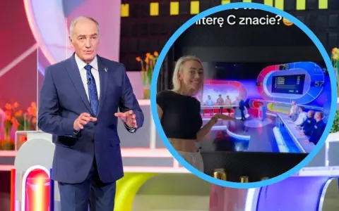 Prowadzący Familiady pyta o rodzaje orzechów. W tle widać uczestników gry i planszę z wynikami.