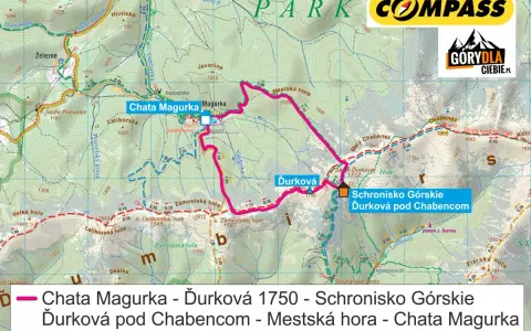 Mapa szlaków w Niżnych Tatrach: Chata Magurka, Ďurková, Schronisko Górskie Ďurková pod Chabencom, Mestská hora.