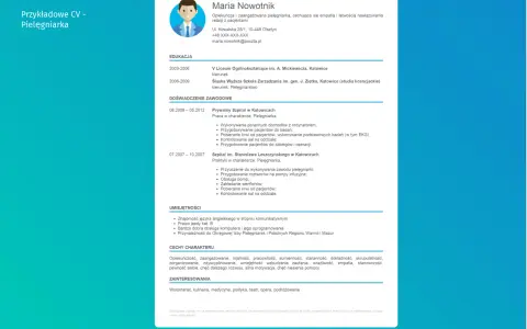 CV pielęgniarki Marii Nowotnik. Wymienia doświadczenie, edukację i umiejętności, podkreślając empatię i krytyczne myślenie w opiece nad pacjentem.