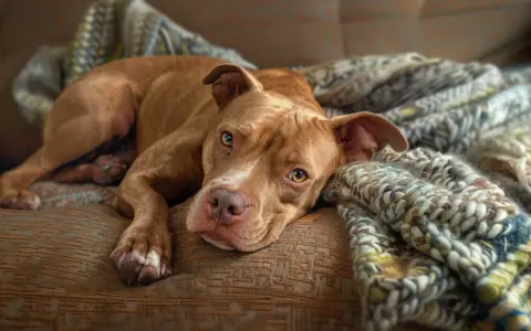Słodki pitbull odpoczywa na kanapie, otulony kocem. Czy pitbull jest groźny? Ten piesek wygląda na łagodnego.