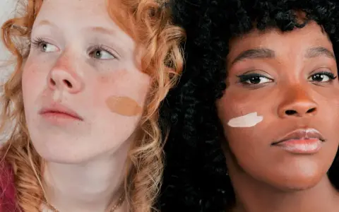 Dos mujeres, una pelirroja pecosa y otra de piel oscura, muestran diferentes tonos de piel con muestras de maquillaje.