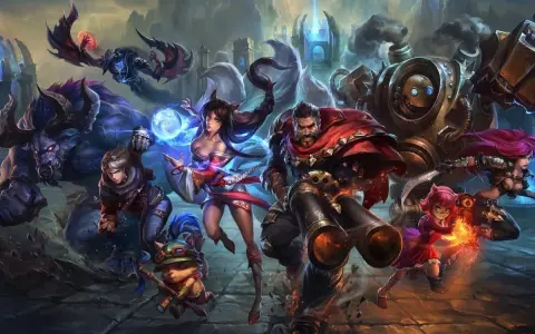 Grupa bohaterów League of Legends, w tym Ahri, Darius i robot, na tle bitewnym.