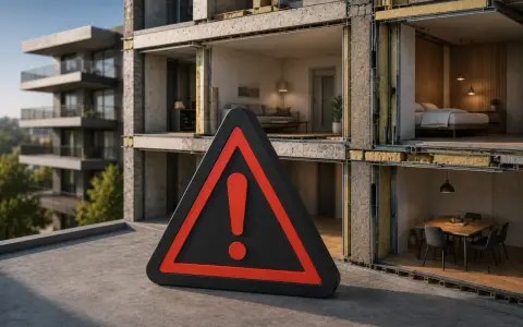 Panneau d'avertissement devant un bâtiment en coupe montrant l'isolation acoustique murale.