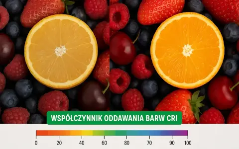 Kolorowe owoce: truskawki, maliny, borówki, wiśnie i pomarańcze. Poniżej skala z oznaczeniem współczynnik oddawania barw CRI.