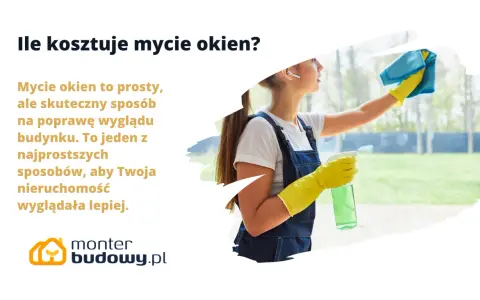 Kobieta w żółtych rękawiczkach myje okno niebieską ściereczką i spryskiwaczem.