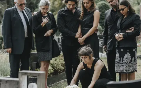 Famiglia in lutto, vestiti di nero, si riunisce al cimitero. Un esempio di come vestirsi a un funerale, con abiti sobri e rispettosi.