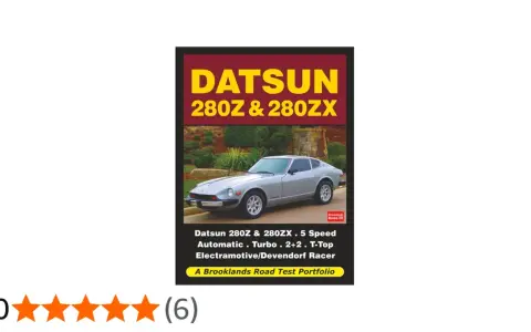 Okładka książki z Datsun 280Z i 280ZX, prezentująca srebrny samochód sportowy na tle krajobrazu.