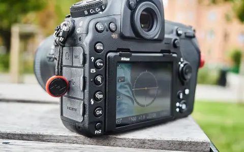 Nikon D850 test w plenerze. Aparat leży na drewnianym stole, w tle zieleń i budynek.