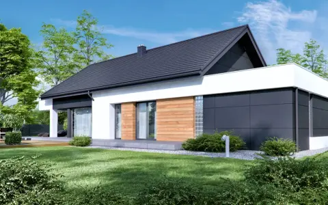 Nowoczesny dom z drewna i białego tynku, projekt homekoncept 44, otoczony zielenią.