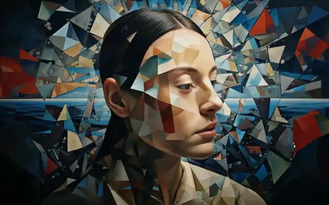 Portret kobiety, której twarz i ciało są fragmentowane w geometryczną projekcję. Tło tworzy abstrakcyjny krajobraz morski.