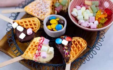 Herzförmige Waffeln am Stiel, dekoriert mit Schokolade, Marshmallows und Streuseln. Ein süßes Rezept für Waffeln am Stiel!