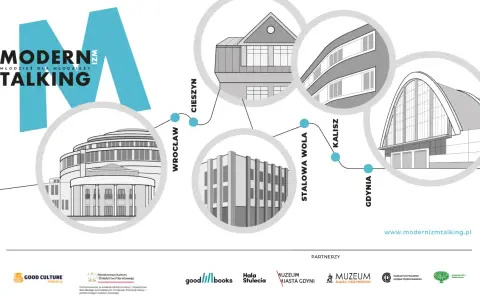 Grafika przedstawia mapę z zaznaczonymi punktami: Wrocław, Cieszyn, Stalowa Wola, Kalisz i Gdynia. Ilustracje budynków symbolizują modernizm w Gdyni i innych miastach.