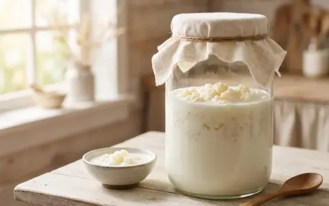 Ein Glas mit Kefir und eine kleine Schale mit Kefir-Körnern, die an Quark erinnern, stehen auf einem Holztisch.