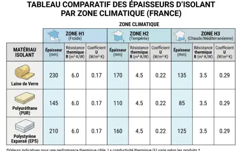Tableau comparatif des épaisseurs d'isolant par zone climatique. Il montre le coefficient d'isolation thermique pour la laine de verre, le polyuréthane et le polystyrène expansé.