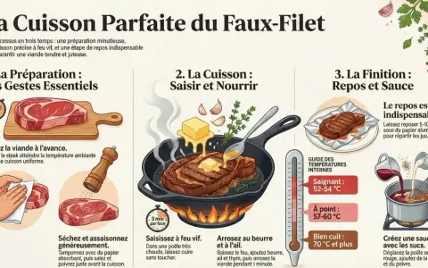 Illustration montrant les étapes pour une cuisson parfaite du faux-filet : préparation, saisie à feu vif, arrosage au beurre et à l'ail, puis repos et sauce.